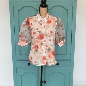 Haute Monde Sheer Print Puff Sleeves Shirt. Large